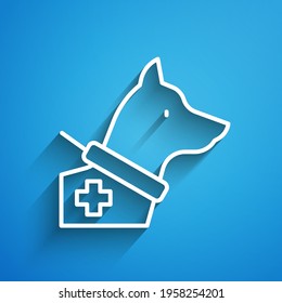 White line Guide dog icon isolated on blue background. Long shadow. Vector