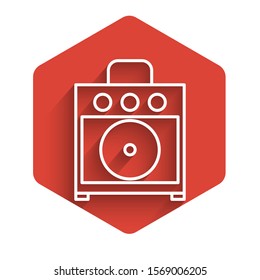 White line Guitar amplifier icon isolated with long shadow. Musical instrument. Red hexagon button. Vector Illustration