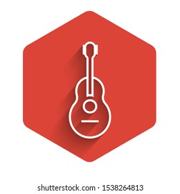 White line Guitar icon isolated with long shadow. Acoustic guitar. String musical instrument. Red hexagon button. Vector Illustration