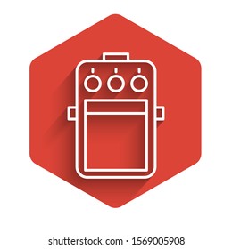 White line Guitar pedal icon isolated with long shadow. Musical equipment. Red hexagon button. Vector Illustration