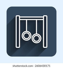 White line Gymnastic rings icon isolated with long shadow background. Playground equipment with hanging rope with rings. Blue square button. Vector