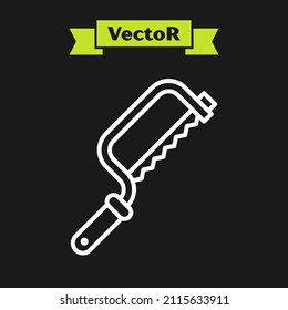 White line Hacksaw icon isolated on black background. Metal saw for wood and metal.  Vector Illustration