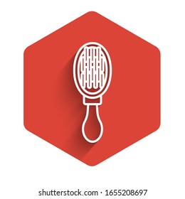 White line Hair brush for dog and cat icon isolated with long shadow. Brush for animal fur. Pet accessory. Red hexagon button. Vector Illustration