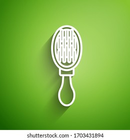 White line Hair brush for dog and cat icon isolated on green background. Brush for animal fur. Pet accessory.  Vector Illustration