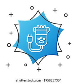 White line Hair clipper accessories for pet grooming icon isolated on white background. Blue hexagon button. Vector
