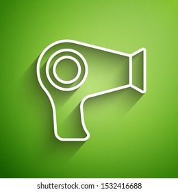 White line Hair dryer icon isolated on green background. Hairdryer sign. Hair drying symbol. Blowing hot air.  Vector Illustration
