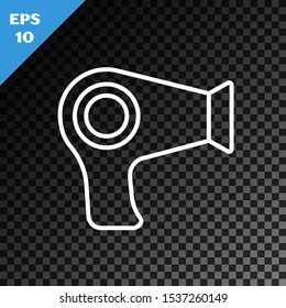 White line Hair dryer icon isolated on transparent dark background. Hairdryer sign. Hair drying symbol. Blowing hot air.  Vector Illustration