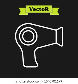 White line Hair dryer icon isolated on black background. Hairdryer sign. Hair drying symbol. Blowing hot air.  Vector Illustration