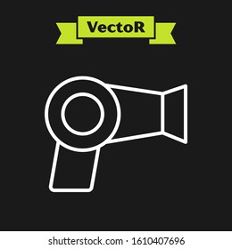 White line Hair dryer icon isolated on black background. Hairdryer sign. Hair drying symbol. Blowing hot air.  Vector Illustration