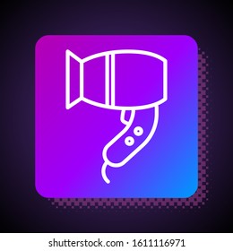 White line Hair dryer icon isolated on black background. Hairdryer sign. Hair drying symbol. Blowing hot air. Square color button. Vector Illustration