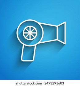 White line Hair dryer icon isolated on blue background. Hairdryer sign. Hair drying symbol. Blowing hot air. Long shadow. Vector