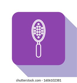 White line Hairbrush icon isolated on white background. Comb hair sign. Barber symbol. Purple square button. Vector Illustration