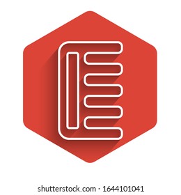 White line Hairbrush icon isolated with long shadow. Comb hair sign. Barber symbol. Red hexagon button. Vector Illustration