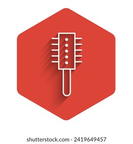 White line Hairbrush icon isolated with long shadow. Comb hair sign. Barber symbol. Red hexagon button. Vector Illustration