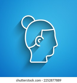 White line Hairstyle for men icon isolated on blue background. Long shadow. Vector