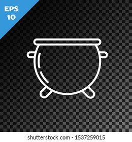White line Halloween witch cauldron icon isolated on transparent dark background. Happy Halloween party.  Vector Illustration