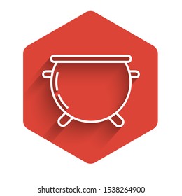 White line Halloween witch cauldron icon isolated with long shadow. Happy Halloween party. Red hexagon button. Vector Illustration