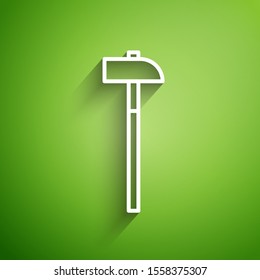 White line Hammer icon isolated on green background. Tool for repair.  Vector Illustration