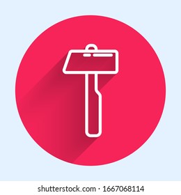 White line Hammer icon isolated with long shadow. Tool for repair. Red circle button. Vector Illustration