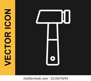 White line Hammer icon isolated on black background. Tool for repair.  Vector
