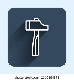 White line Hammer icon isolated with long shadow background. Tool for repair. Blue square button. Vector