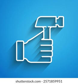 White line Hammer icon isolated on blue background. Tool for repair. Long shadow. Vector