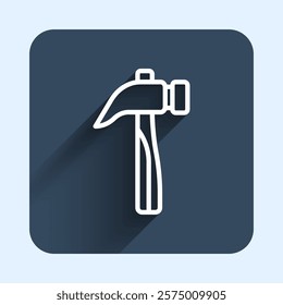 White line Hammer icon isolated with long shadow background. Tool for repair. Blue square button. Vector