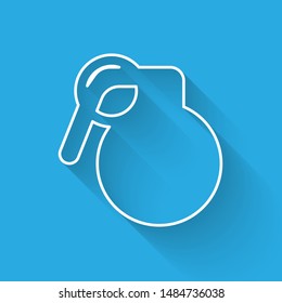 White line Hand grenade icon isolated with long shadow. Bomb explosion.  Vector Illustration
