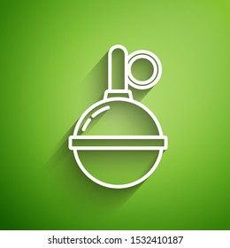White line Hand grenade icon isolated on green background. Bomb explosion.  Vector Illustration