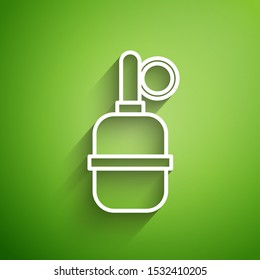 White line Hand grenade icon isolated on green background. Bomb explosion.  Vector Illustration