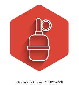 White line Hand grenade icon isolated with long shadow. Bomb explosion. Red hexagon button. Vector Illustration