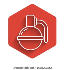 White line Hand grenade icon isolated with long shadow. Bomb explosion. Red hexagon button. Vector Illustration