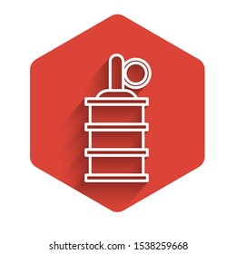 White line Hand grenade icon isolated with long shadow. Bomb explosion. Red hexagon button. Vector Illustration