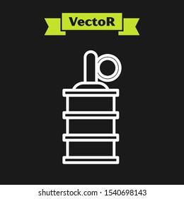 White line Hand grenade icon isolated on black background. Bomb explosion.  Vector Illustration