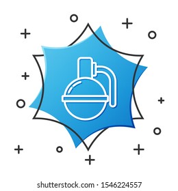 White line Hand grenade icon isolated on white background. Bomb explosion. Blue hexagon button. Vector Illustration