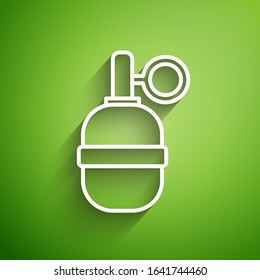 White line Hand grenade icon isolated on green background. Bomb explosion.  Vector Illustration