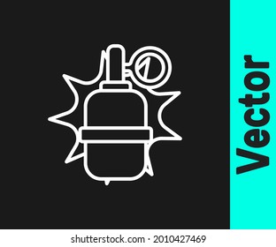 White line Hand grenade icon isolated on black background. Bomb explosion.  Vector