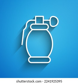 Weiße Linie Handgranate Symbol einzeln auf blauem Hintergrund. Bombenexplosion. Lang Schatten. Vektorgrafik
