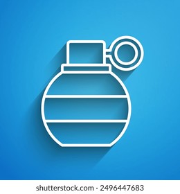White line Hand grenade icon isolated on blue background. Bomb explosion. Long shadow. Vector