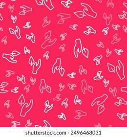 White line Hand hold a leaf of the plant icon isolated seamless pattern on red background. Care nature. Leaf shoots with environmental protection.  Vector