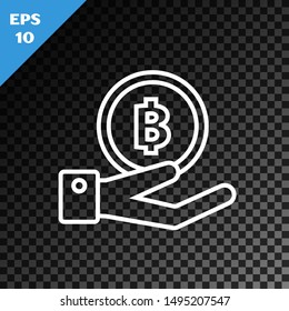 White line Hand holding Bitcoin icon isolated on transparent dark background. Blockchain technology, digital money market, cryptocoin wallet.  Vector Illustration
