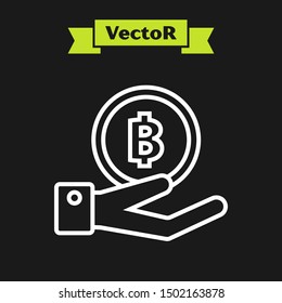 White line Hand holding Bitcoin icon isolated on black background. Blockchain technology, digital money market, cryptocoin wallet.  Vector Illustration