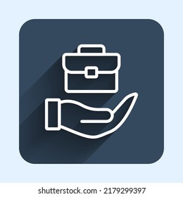 White line Hand holding briefcase icon isolated with long shadow background. Insurance concept. Security, safety, protection, protect concept. Blue square button. Vector