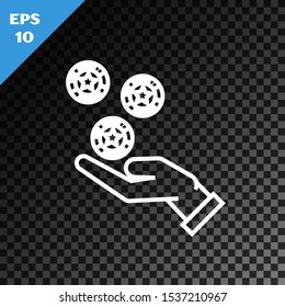 White line Hand holding casino chips icon isolated on transparent dark background. Casino gambling.  Vector Illustration