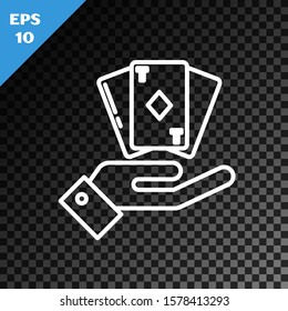 White line Hand holding deck of playing cards icon isolated on transparent dark background. Casino gambling.  Vector Illustration