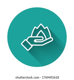 White line Hand holding a fire icon isolated with long shadow. Insurance concept. Security, safety, protection, protect concept. Green circle button. Vector.