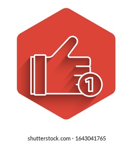 White line Hand like icon isolated with long shadow. Red hexagon button. Vector Illustration