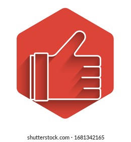 Weiße Linie Handähnliches Symbol einzeln auf langen Schatten. Roter Hexagon-Knopf. Vektorillustration-Illustration