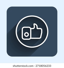 Línea blanca Mano como icono aislado con fondo de sombra larga. Botón cuadrado azul. Vector
