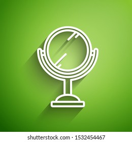White line Hand mirror icon isolated on green background.  Vector Illustration